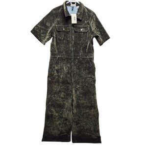 Utility-Style Velvet Jumpsuit Overalls Size 14 Short Sleeve Zipper Front Green